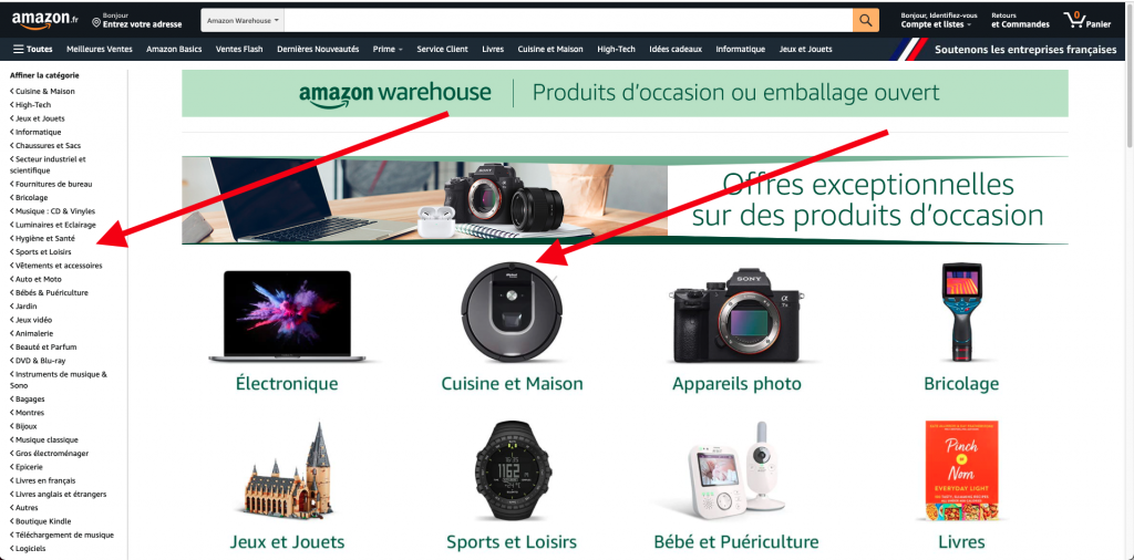 principales catégories amazon warehouse