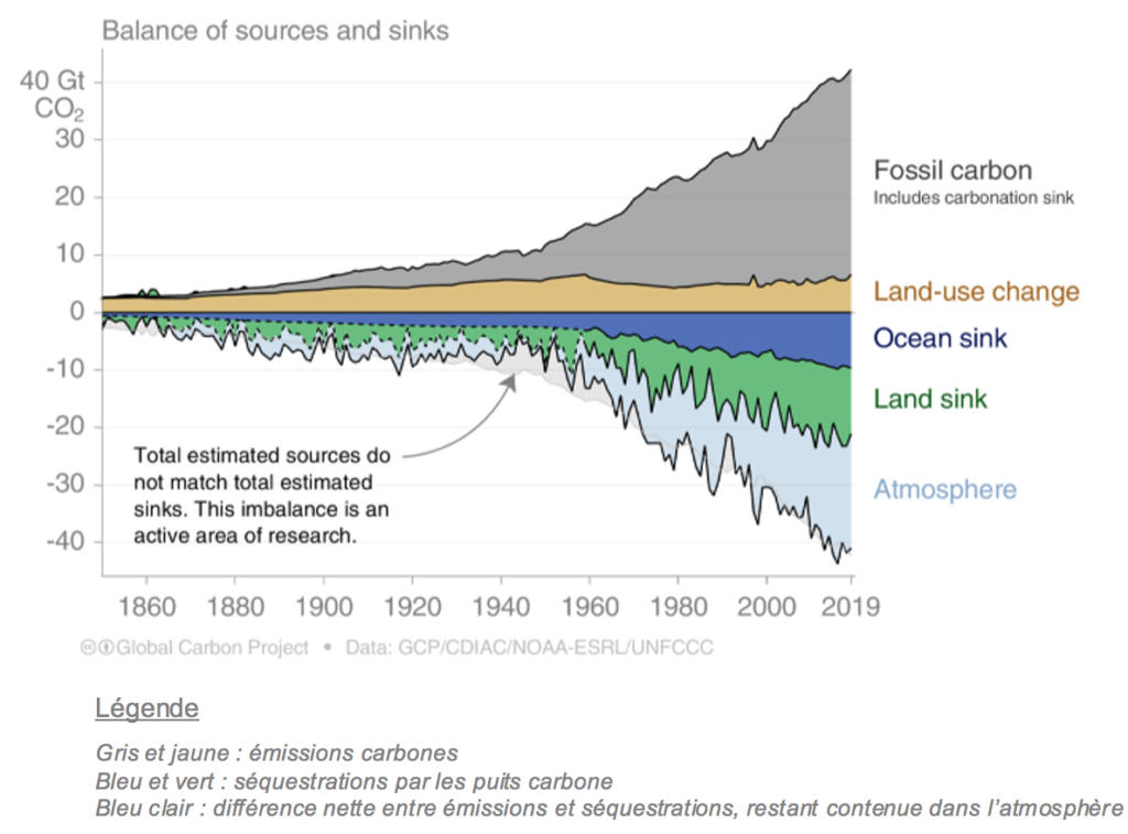 Neutralité carbone : Graphique des émissions de carbone depuis 1850 et la séquestration par les puits carbones
