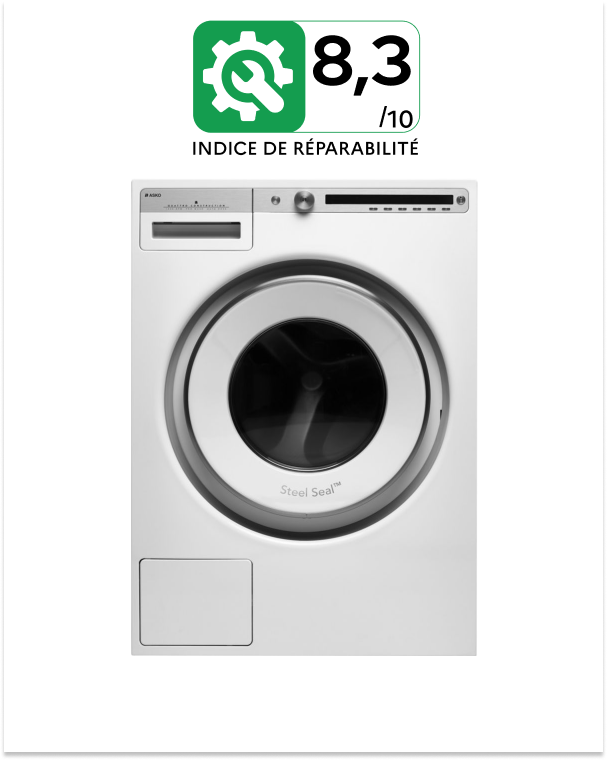 Une image d'un lave-linge hublot Asko. Au dessus, l'indice de réparabilité en vert foncé affichant une note de 8,3 sur 10.