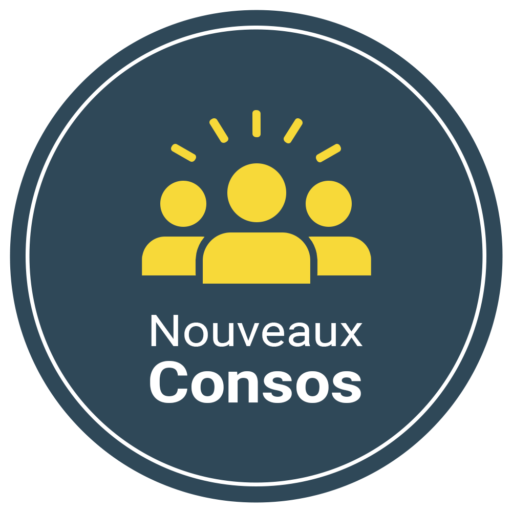 Logo de la start-up Nouveaux-Consos avec des personnages jaunes qui représentent des consommateurs