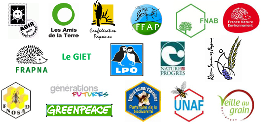 De nombreux logos d'associations environnementales sont présents. Parmi eux, on retrouve Greenpeace,  Frapna, Les Amis de la Terre, FNAB, UNAF, Veille au grain...