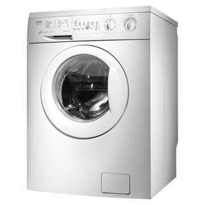 Un modèle low-tech d'un lave-linge à hublot blanc sans écran LED.