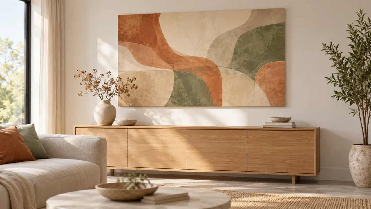 Tableau moderne abstrait aux formes courbes terracotta, vert sauge et sable, accroché au-dessus d’un buffet en chêne clair dans un salon lumineux
