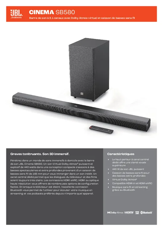 Notice Barre De Son Jbl Sb580