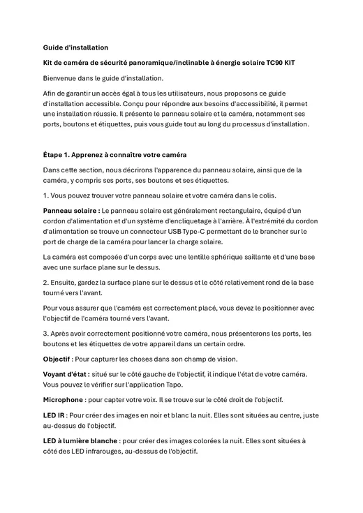 Notice Camera De Surveillance Tapo Tc90 + Panneau Solaire