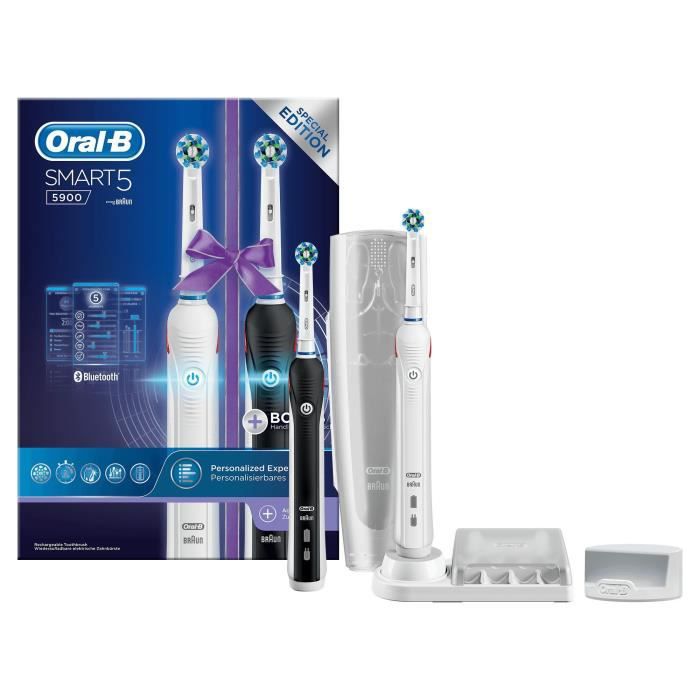 Oral-B Smart 5 Duopack Brosse à Dents Électrique Rechargeable avec 2 Manches Connecté Bluetooth et 2 Brossettes, Noir et Blanc