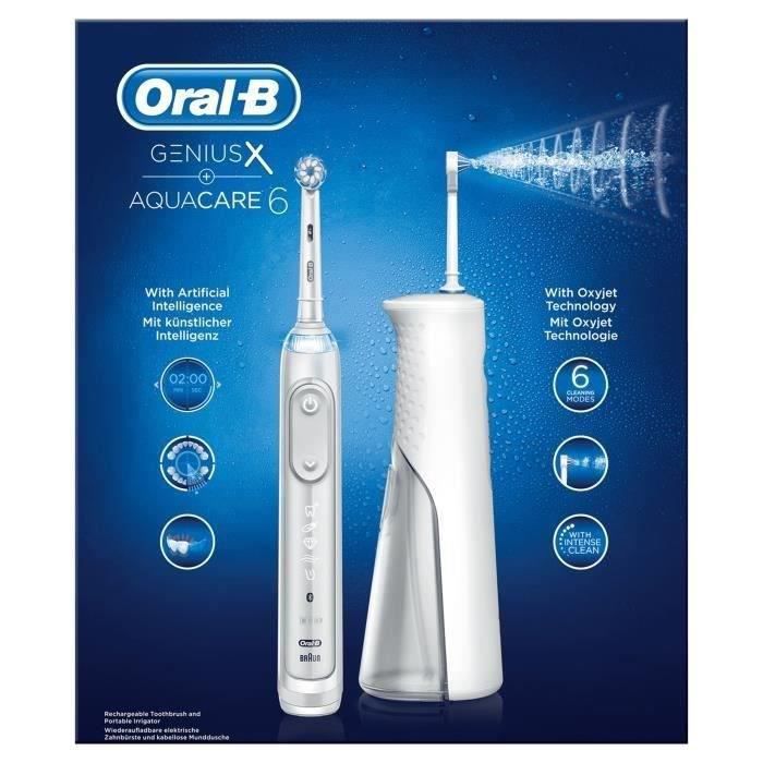 Oral-B Genius X + Aquacare 6 Kit Brosse à Dent Electrique Rechargeable, 1 manche, 4 brossettes & 1 hydropulseur avec 4 jets oxyjet