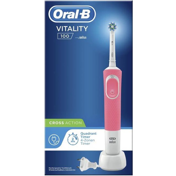 Oral-B Vitality 100 Brosse à Dents Électrique Rechargeable avec 1 Manche, 1 Brossette CrossAction, Rose, Action Nettoyage 2D