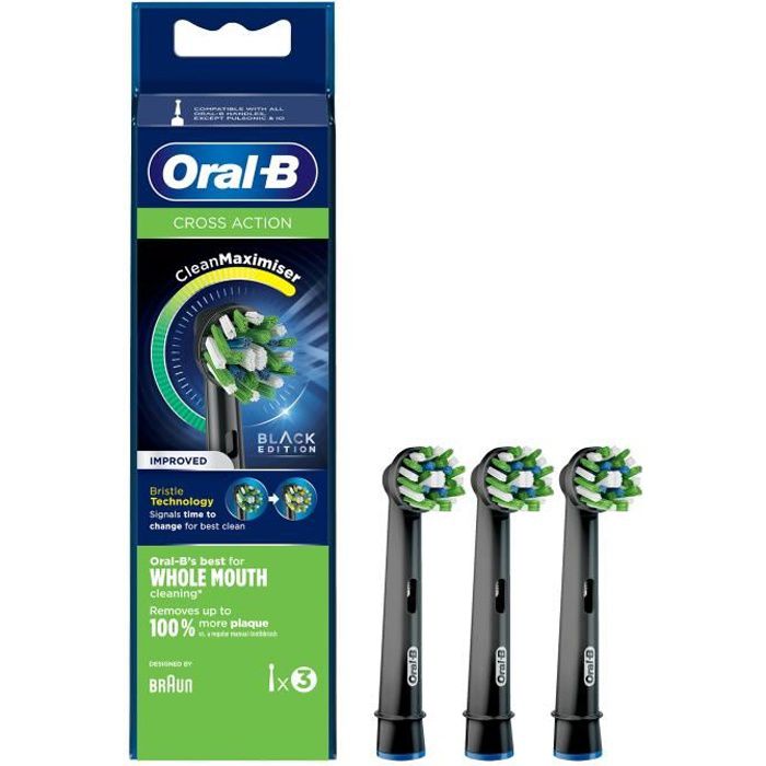 Oral-B Brossette de Rechange Precision Cross Action Clean Max, Noire, Pour Brosse à Dents Électrique, Pack de 3