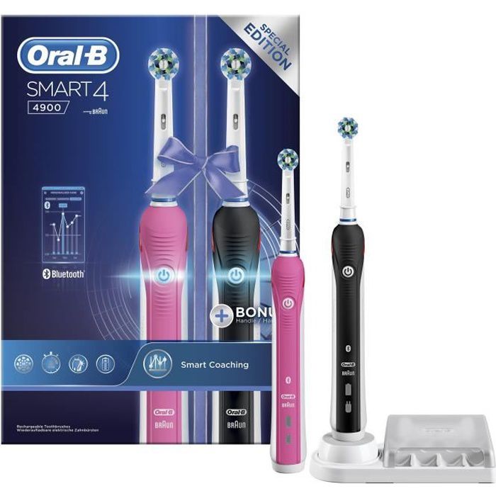 Oral-B Smart 4 Duopack Brosse à Dents Électrique Rechargeable avec 2 Manches Connecté Bluetooth et 2 Brossettes, Rose et Noir