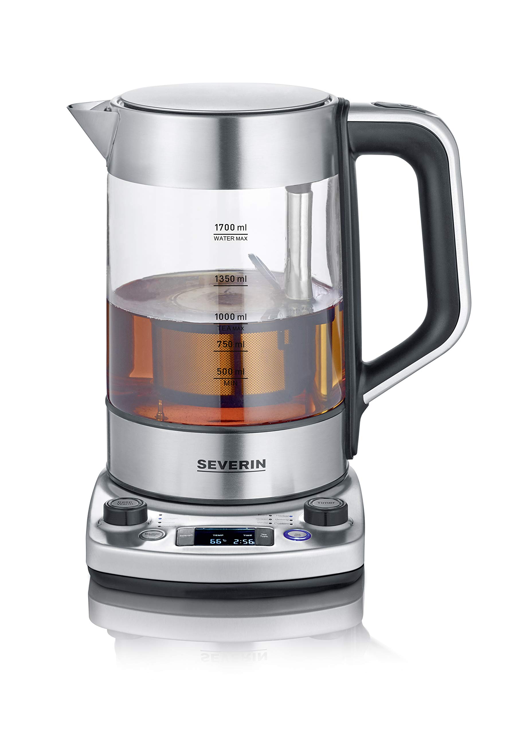 SEVERIN Bouilloire Eau & Thé en Verre Programmable, 1,7L, 3 000W, Levée Automatique du Filtre, Minuterie, Affichage LED, W...