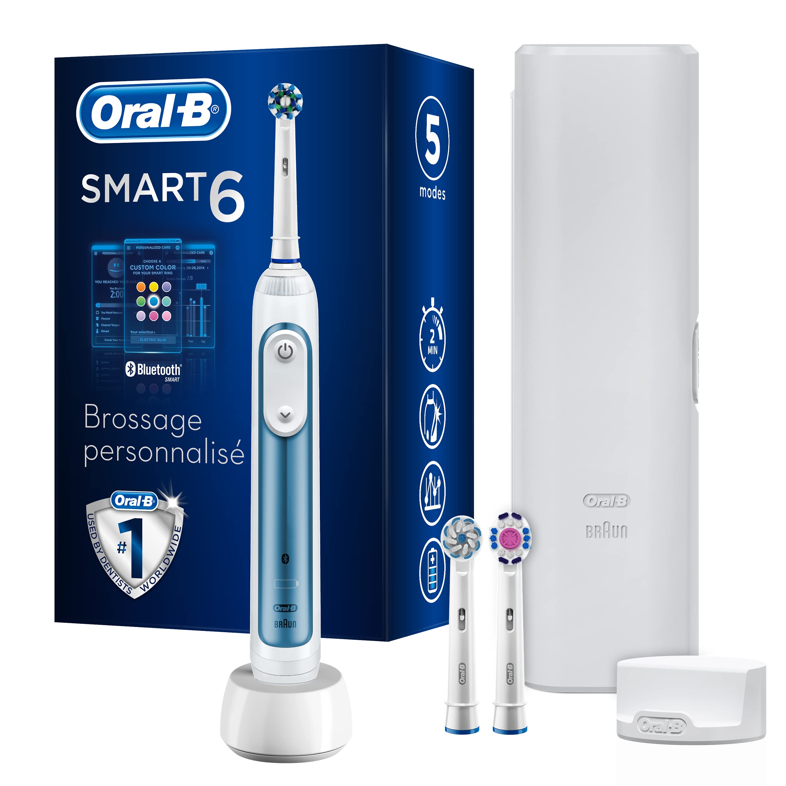 Oral-B PRO 6000 Brosse à Dents Électrique Rechargeable avec 1 Manche Connecté Bluetooth, Bleu, 3 Brossettes et 1 Étui de V...