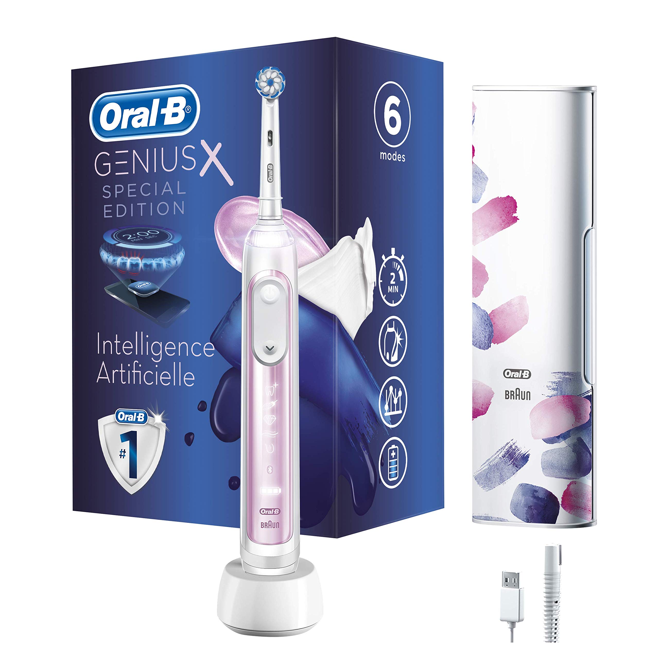 Oral-B Genius X Brosse à Dents Électrique Rechargeable avec 1 Manche Intelligence Artificielle, Rose, 1 Brossette et 1 Étu...