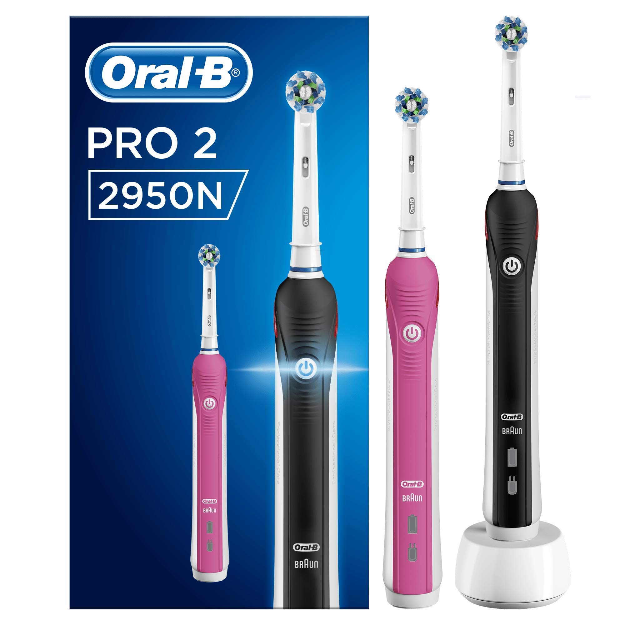 Oral-B Pro 2 - 2950N - Brosse à Dents Électrique Rechargeable, 2 Manches avec Capteur de Pression Visible, 2 Brossettes