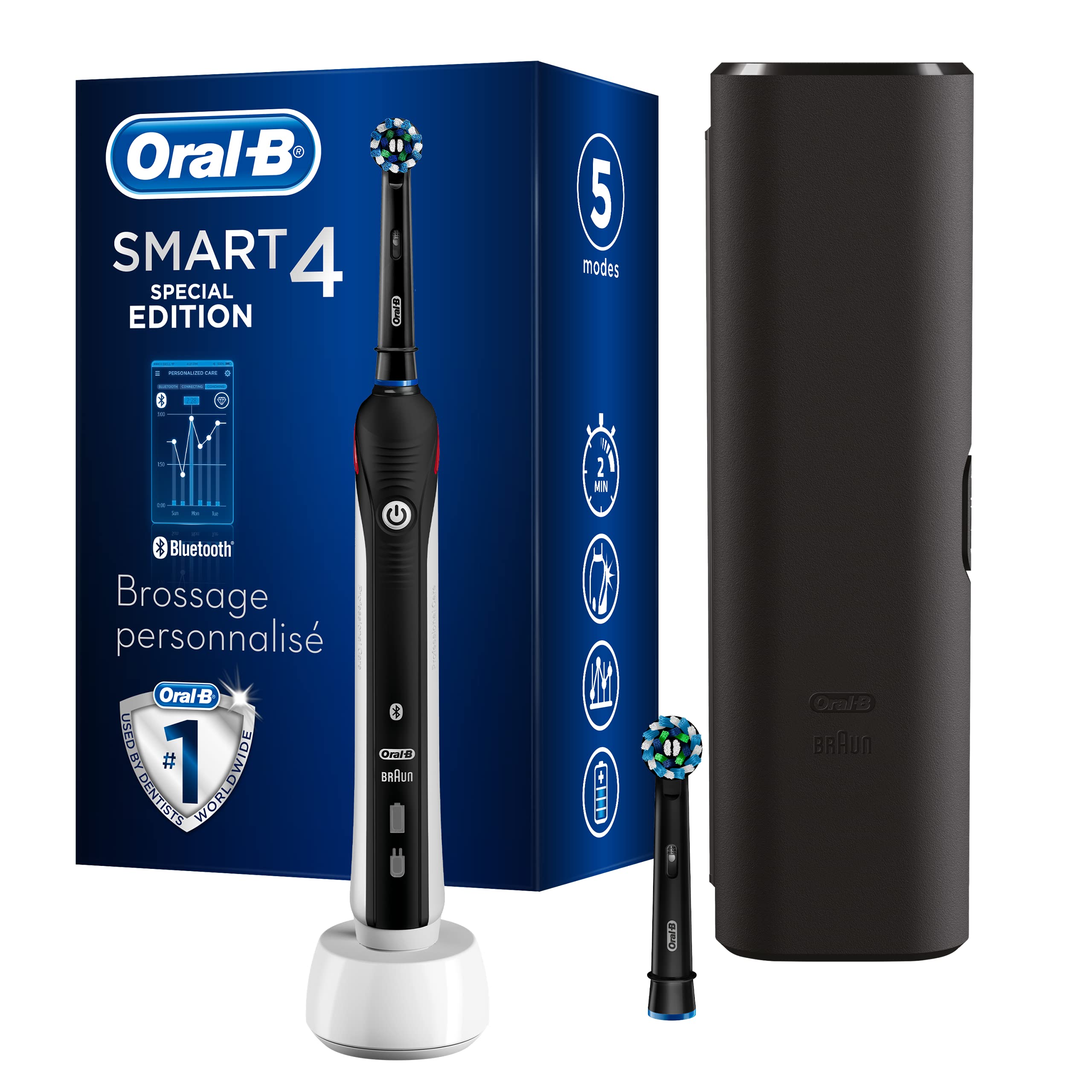 Oral-B Smart 4 Brosse à Dents Électrique Rechargeable avec 1 Manche Connecté Bluetooth, Noir, 2 Brossettes et 1 Étui de Vo...