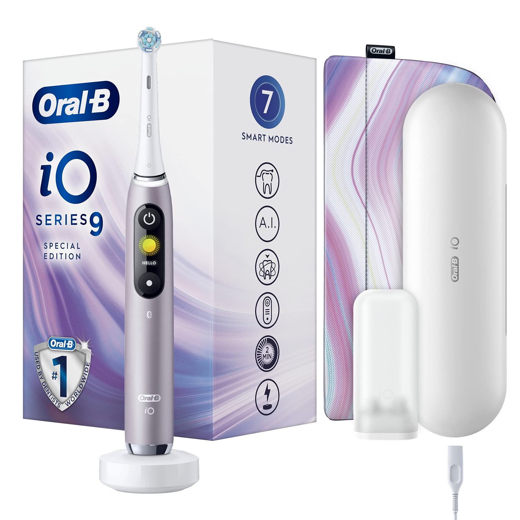 Oral-B iO Series 9 Brosse à Dents Électrique Rechargeable avec 1 Manche Intelligence Artificielle, Rose, 1 Brossette et 1 ...
