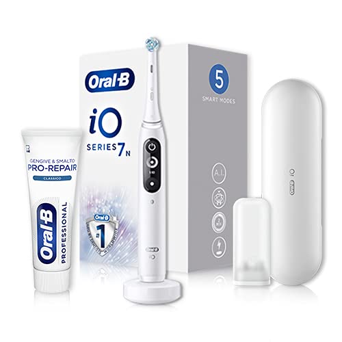 Oral-B iO 7n, Go Electric, 1 brosse à dents électrique rechargeable blanc avec technologie magnétique, écran blanc et noi...