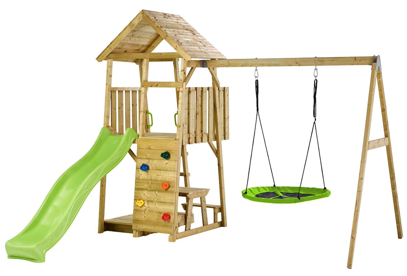 Aire De Jeux : Balançoire, Nid, Toboggan, Escalade, Bac À Sable, Table Woodi Marron