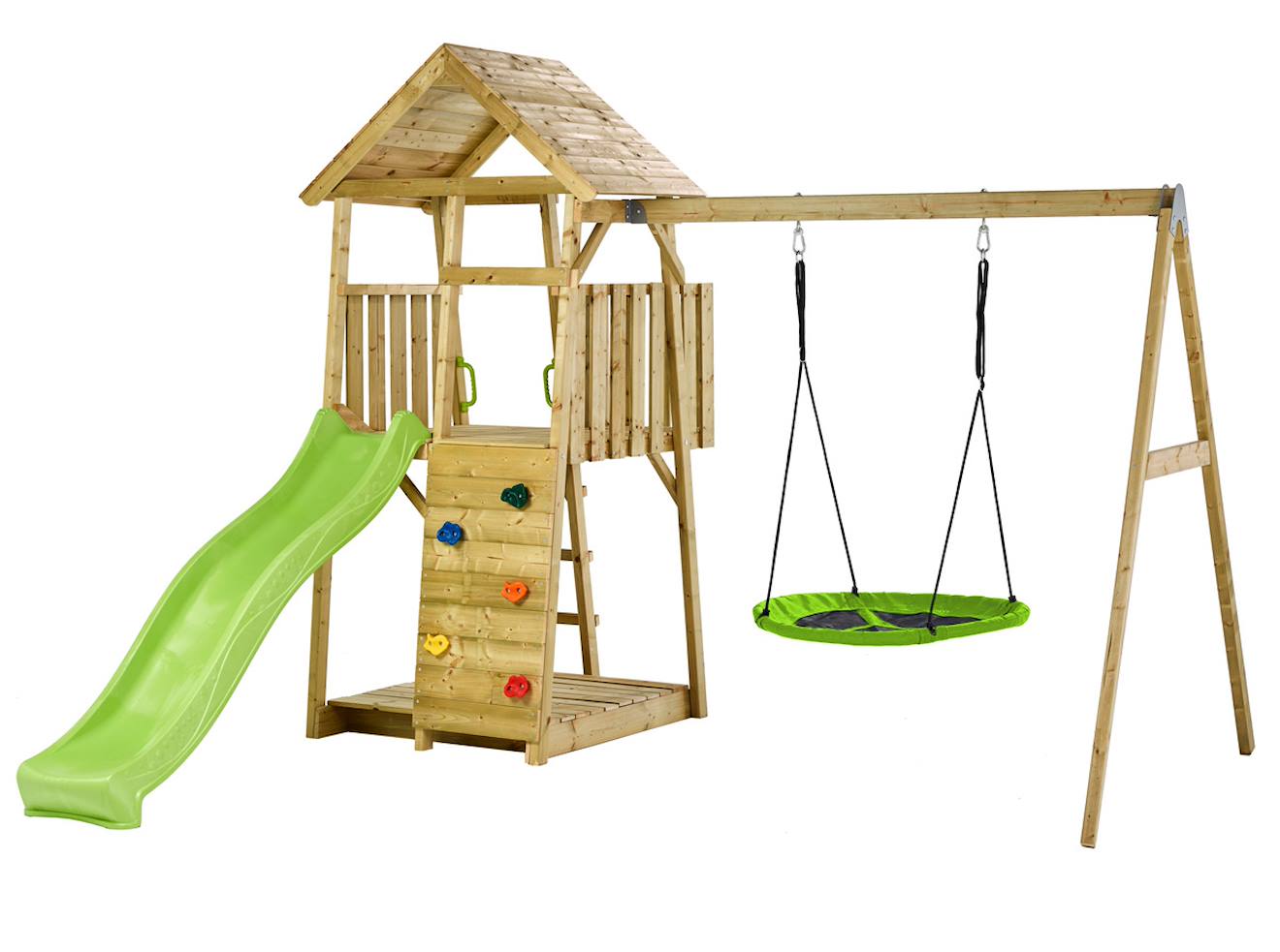 Aire De Jeux Bois, 2 Balançoires, Nid, Toboggan, Escalade, Bac À Sable Woodi Marron