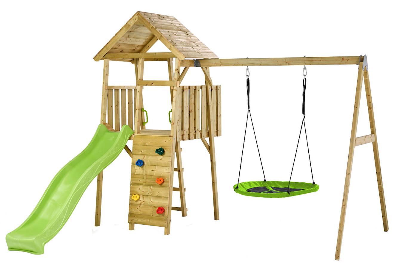 Aire De Jeux Bois, 2 Balançoires, Nid, Toboggan, Escalade, Cabane Woodi Marron