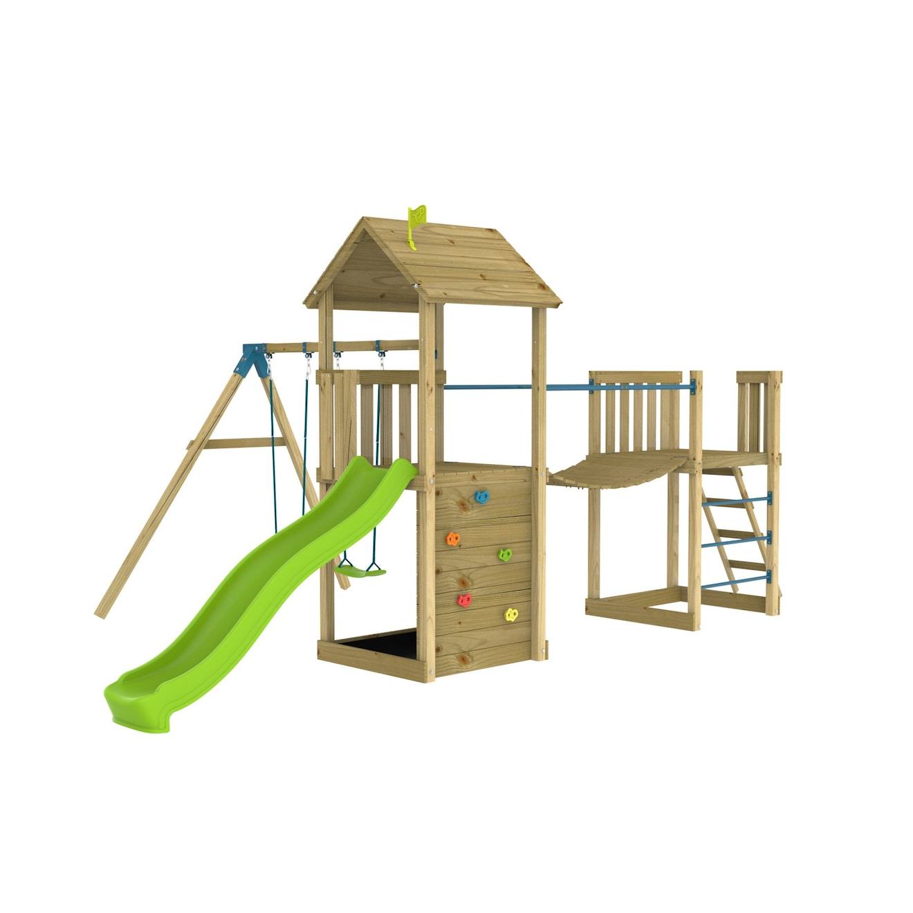 Aire De Jeux Double Plateforme Bruyère Bois Fsc® Marron - Bleu - Vert