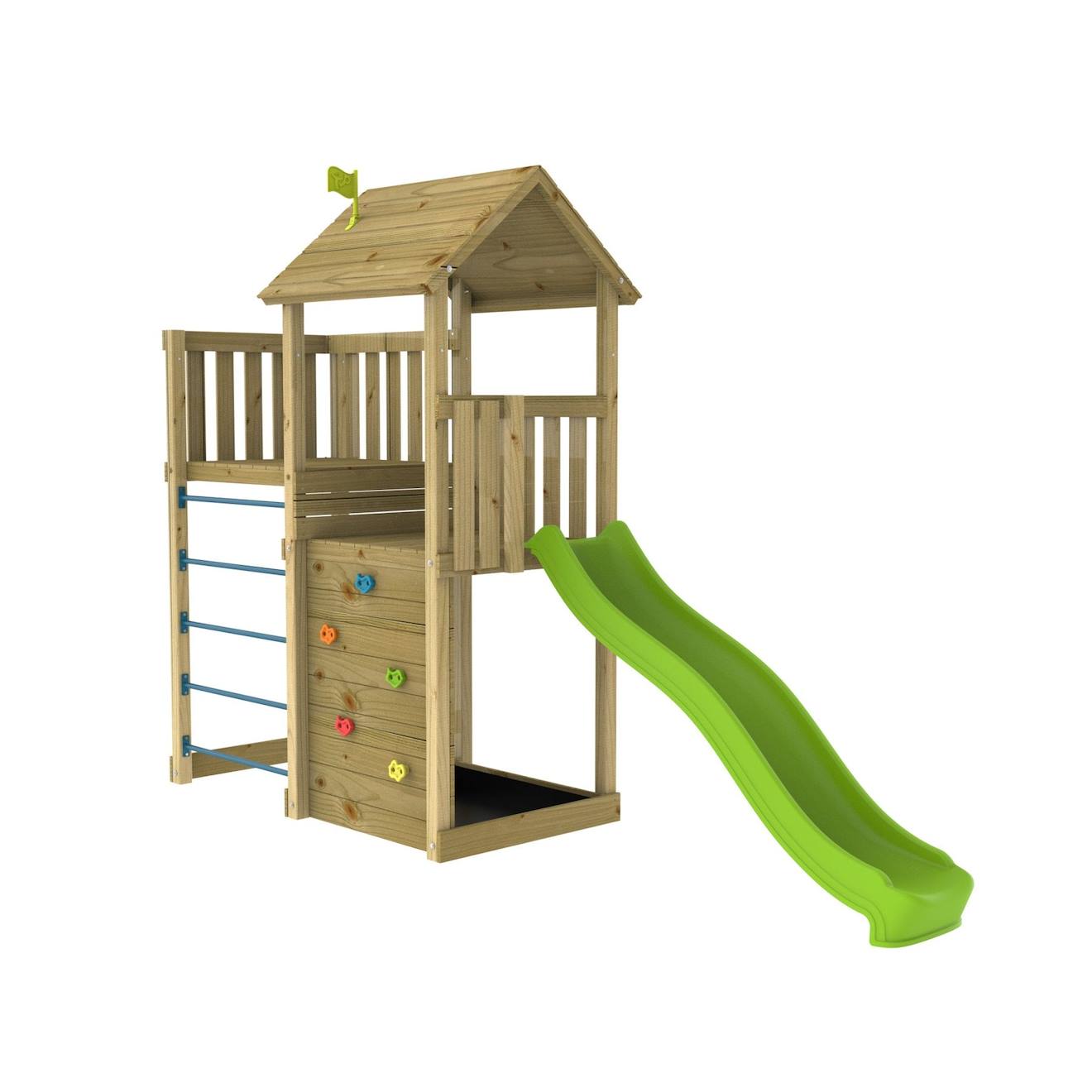 Aire De Jeux Double Plateforme Clématite Bois Fsc® Marron - Bleu - Vert