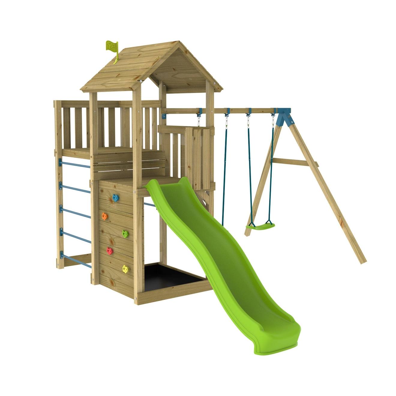 Aire De Jeux Double Plateforme Sarriette Bois Fsc® Marron - Bleu - Vert