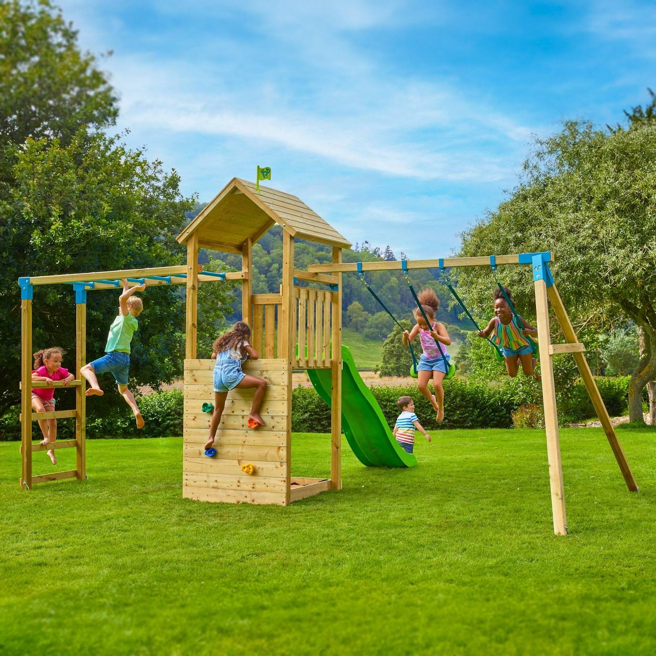 Aire De Jeux Pont De Singe Tamarin Bois Fsc® Marron - Bleu - Vert