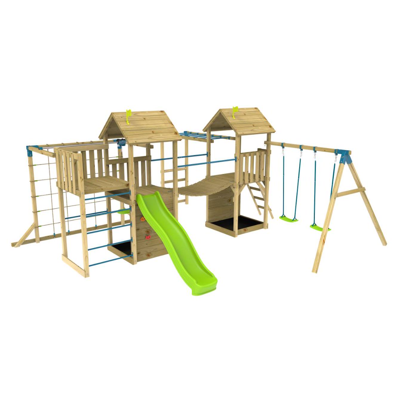 Aire De Jeux Xxl Double Tours Camélée Bois Fsc® Marron - Bleu - Vert