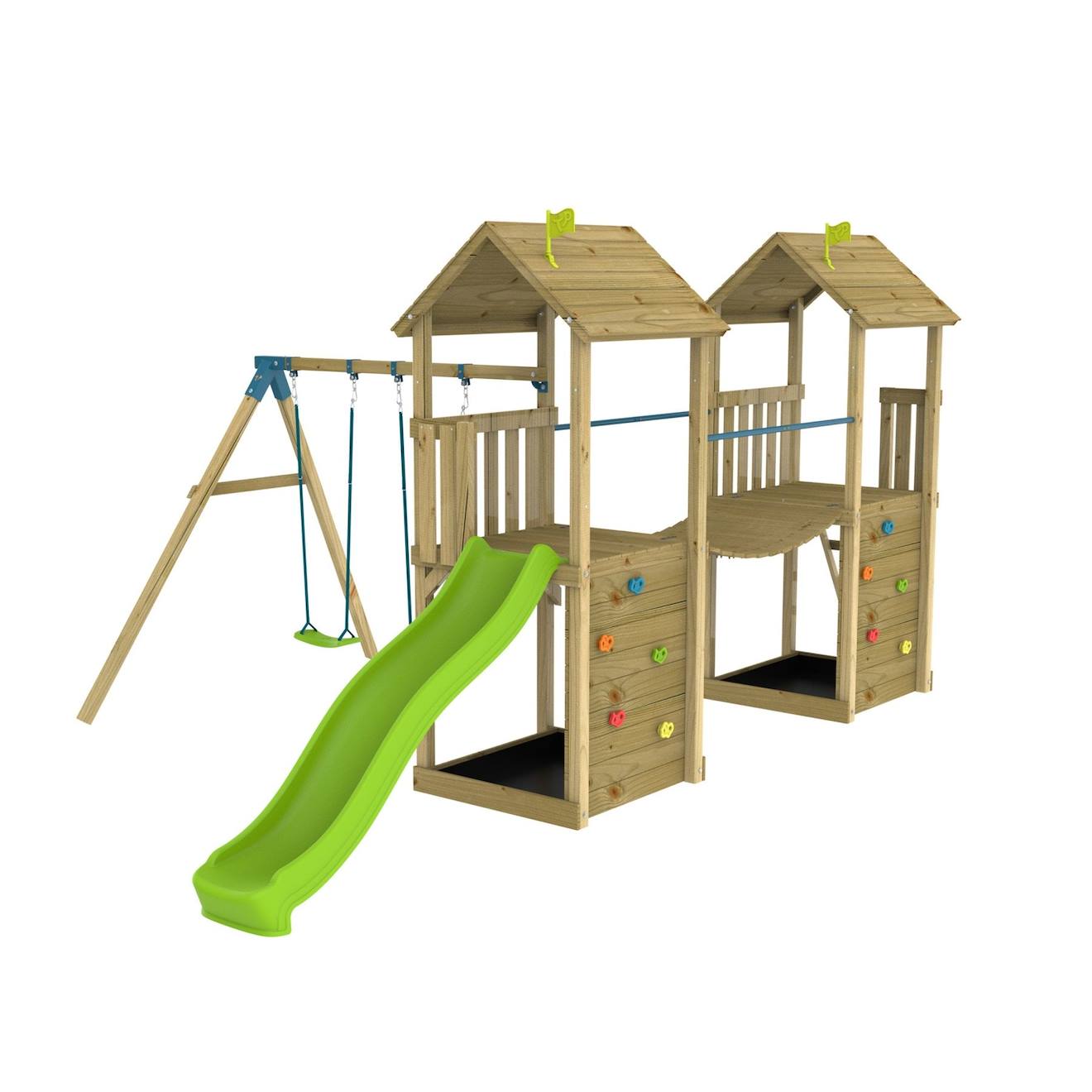 Aire De Jeux Xxl Double Tours Laurier Bois Fsc® Marron - Bleu - Vert