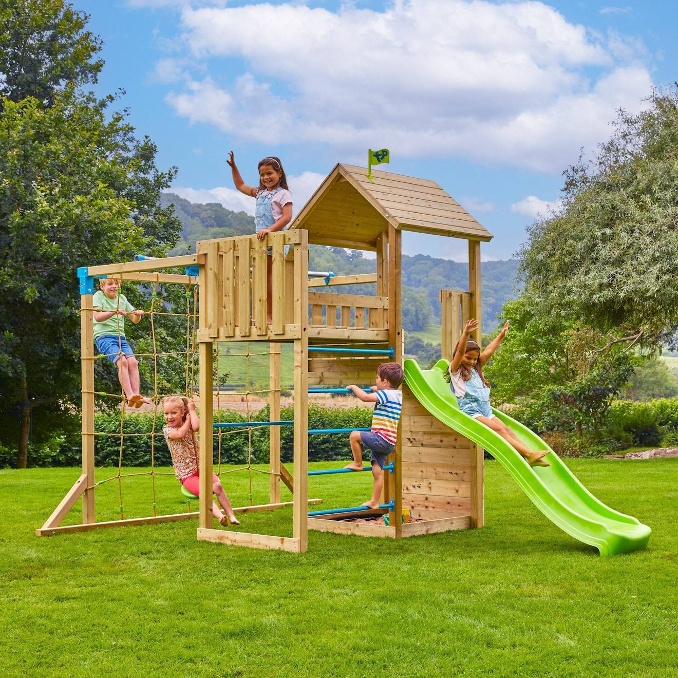 Aire Jeux Double Plateforme Santoline Bois Fsc® Marron - Bleu - Vert