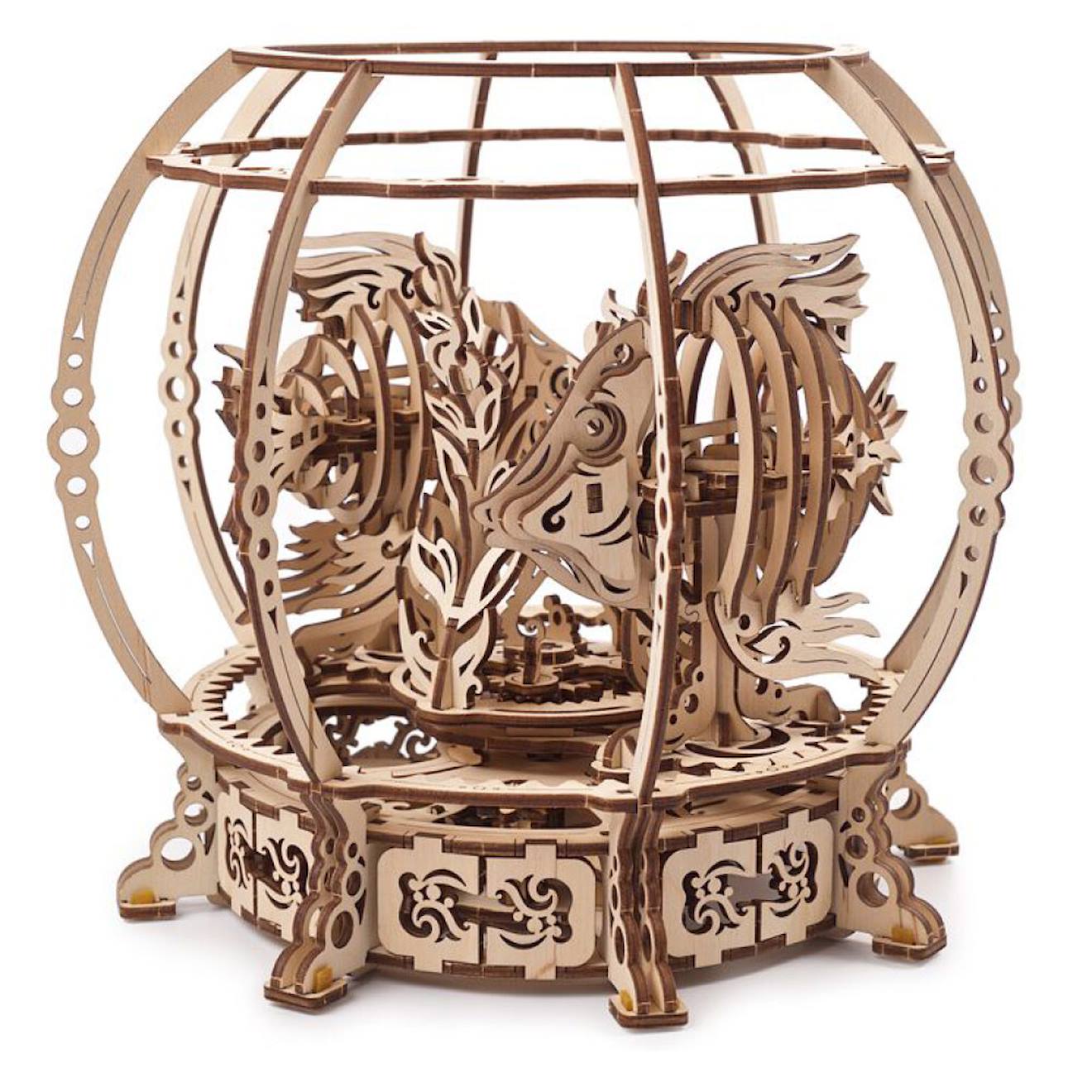 Aquarium Mécanique – Maquette En Bois À Construire, Puzzle 3d À Ressort Avec Poissons Animés Brown