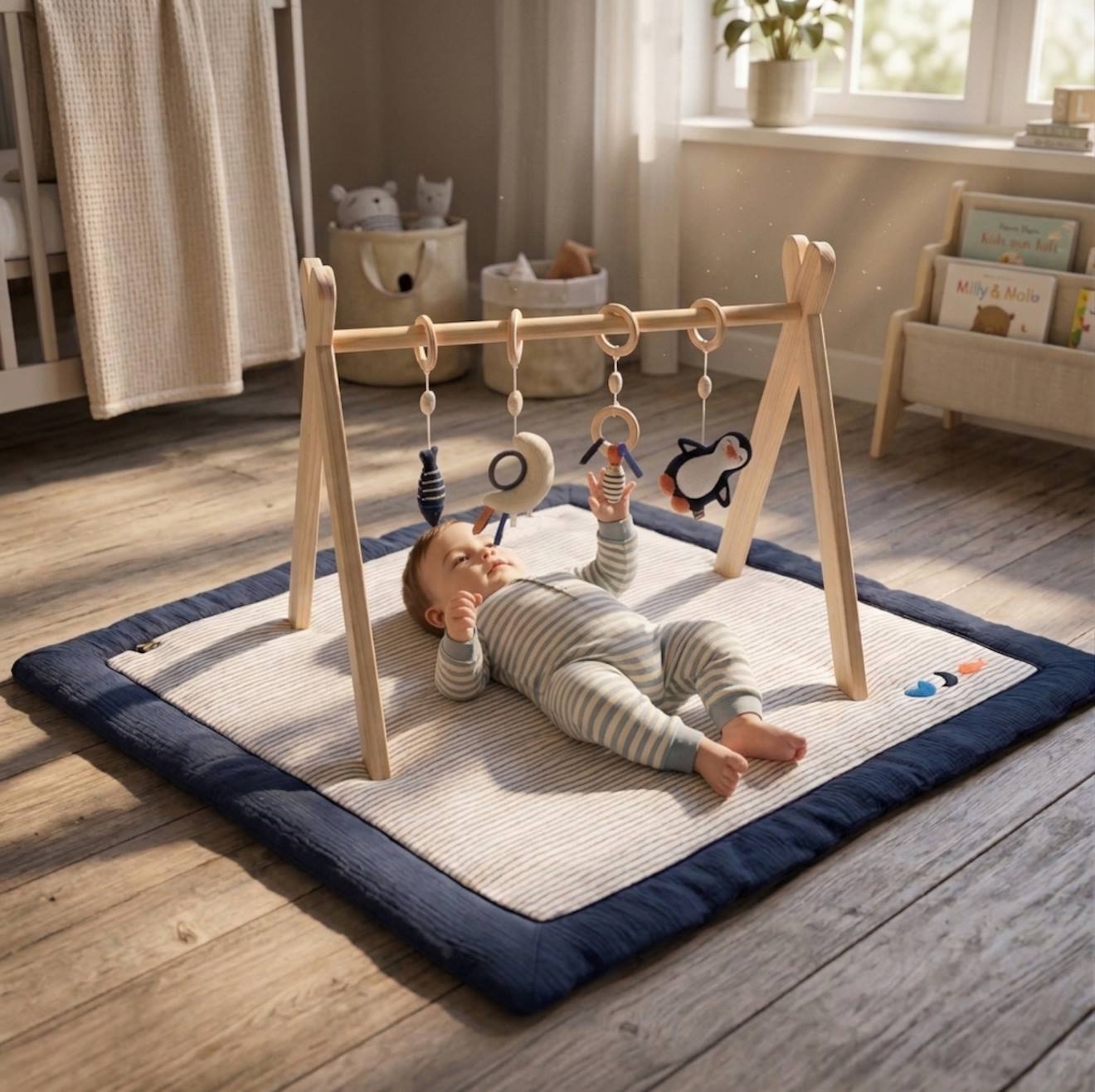 Arche D'éveil Bois Avec 4 Jouets Bleu