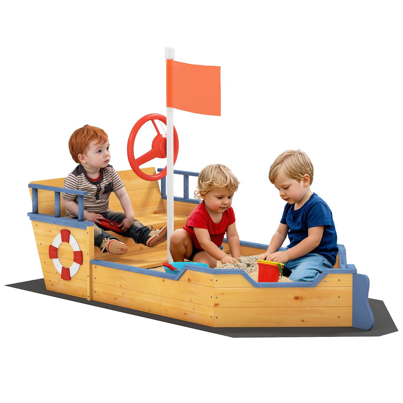Bac À Sable Bateau De Pirate - Banc, Coffre Rangement, Gouvernail, Drapeau, Bâche - Bois Sapin Pré-huilé Jaune