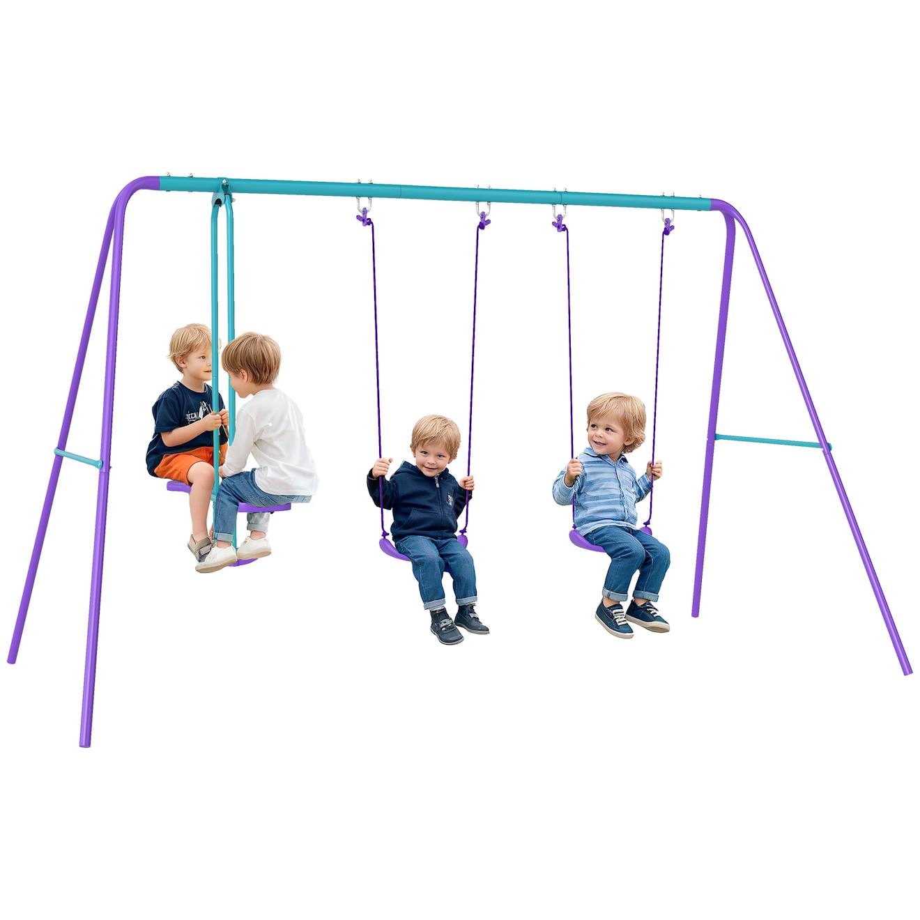 Balançoire 3 Agrès Portique Avec 2 Balançoires Et Face À Face Dim. 2,8l X 1,4l X 1,78h M Métal Époxy Anticorrosion Violet