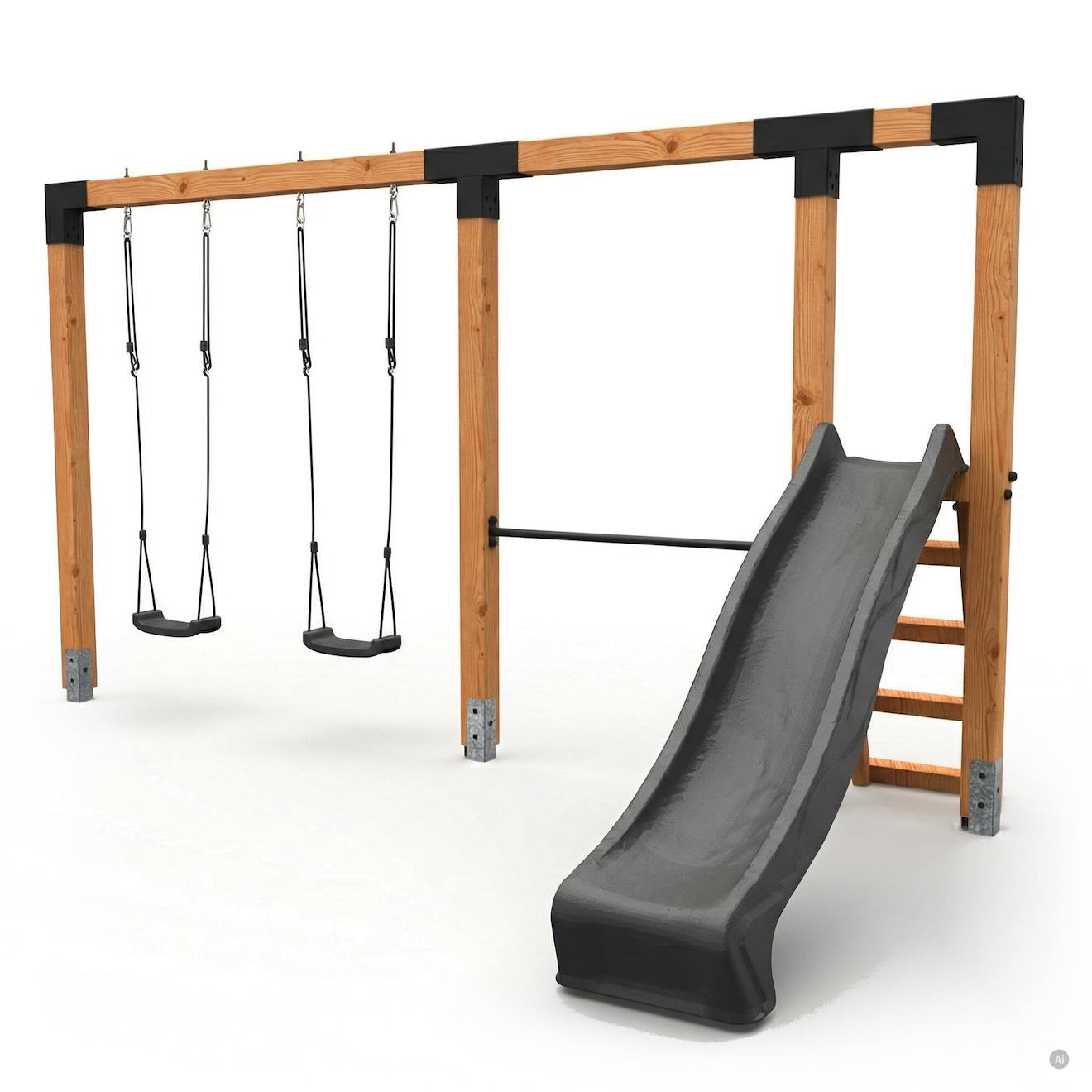 Balançoire Double En Bois Avec Barre Fixe Et Toboggan - Jeu Jardin Exterieur Naturel
