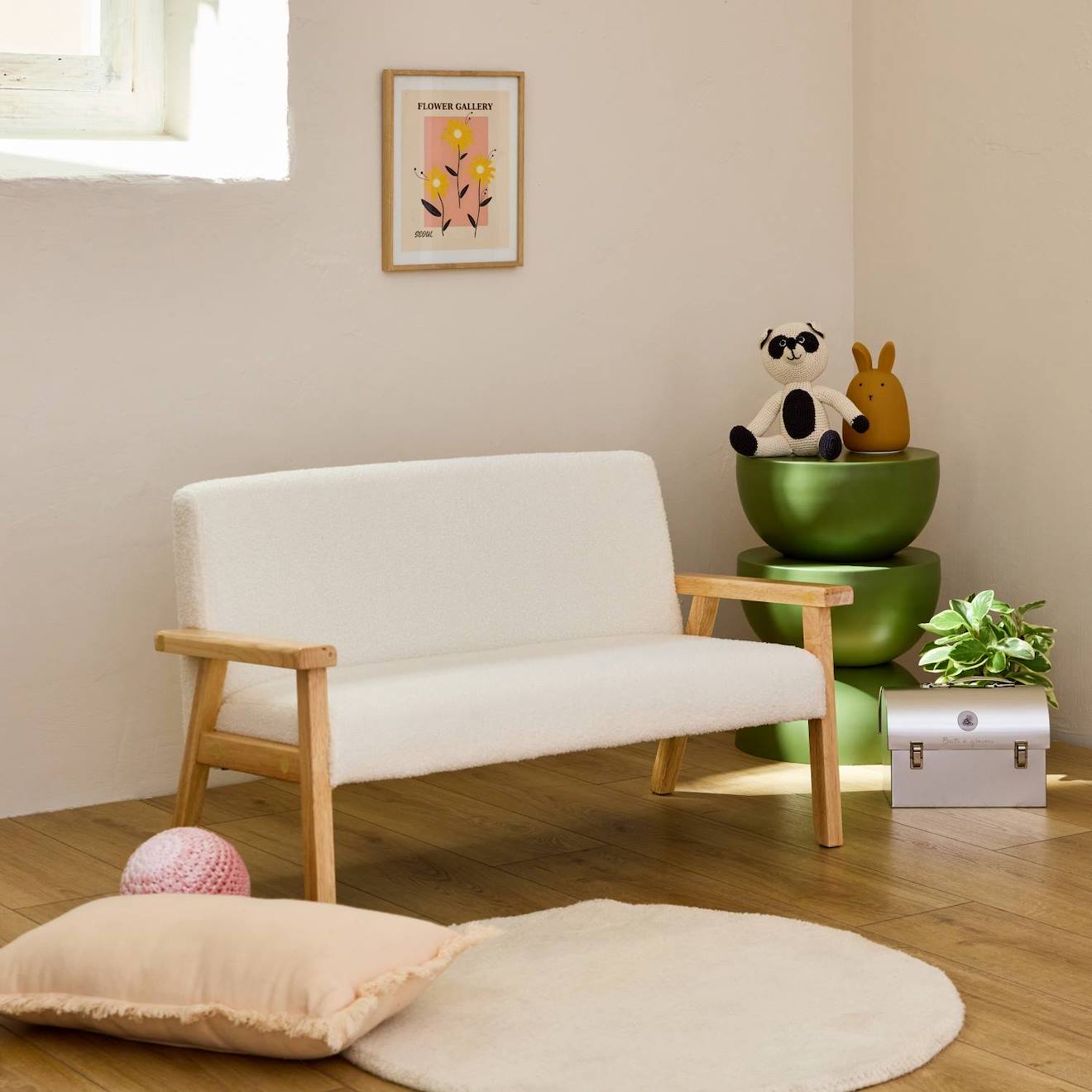 Banquette Canapé Pour Enfant 2 Places Bouclette Et Bois D'hévéa L 84 X P 43,5 X H 50cm Blanc