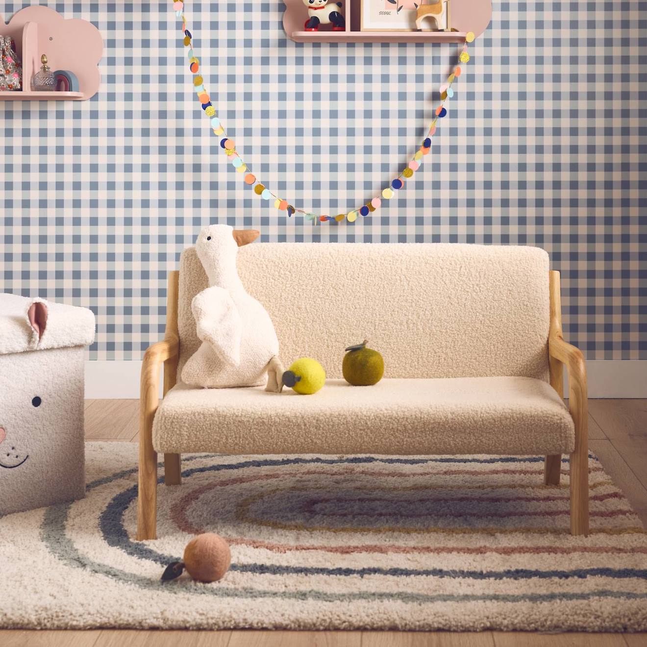 Banquette Scandinave Enfant En Bois Et Tissu Bouclette 2 Places Beige