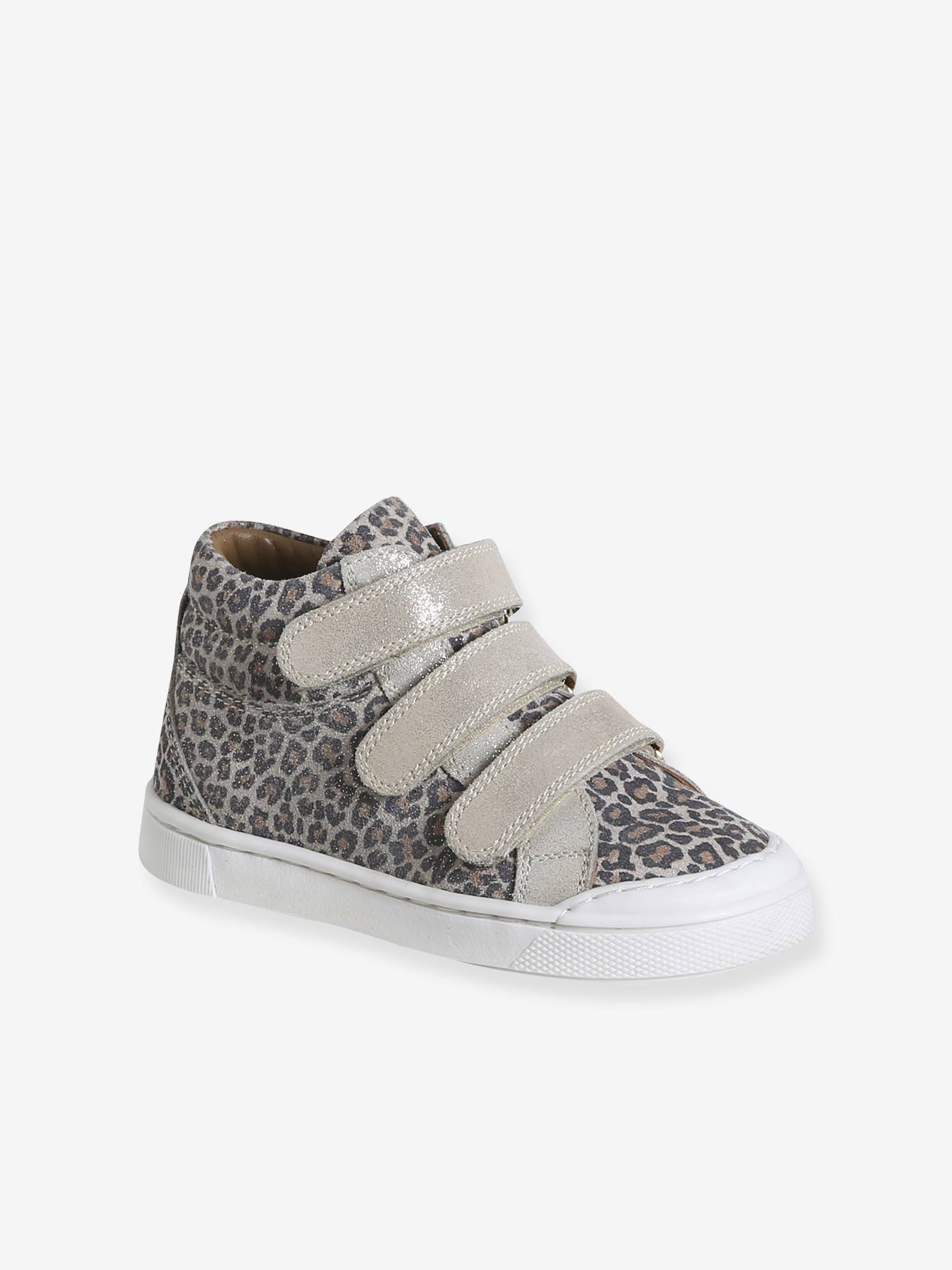 Baskets enfant fille cuir à scratchs beige imprimé
