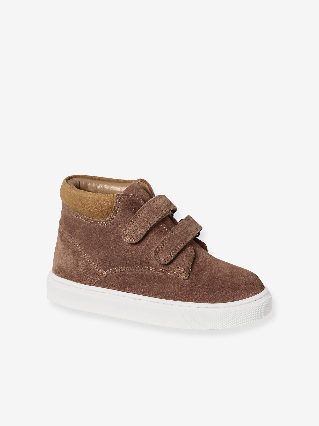 Baskets enfant garçon cuir à scratchs marron