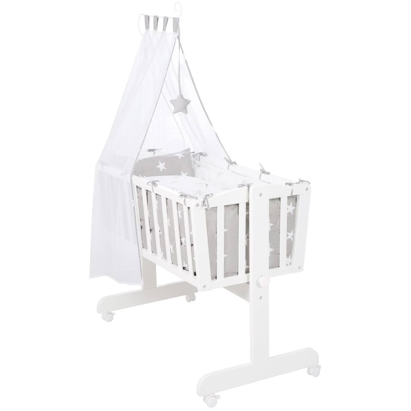 Berceau Complet En Bois Avec Accessoires Little Stars Blanc - Gris / Étoiles