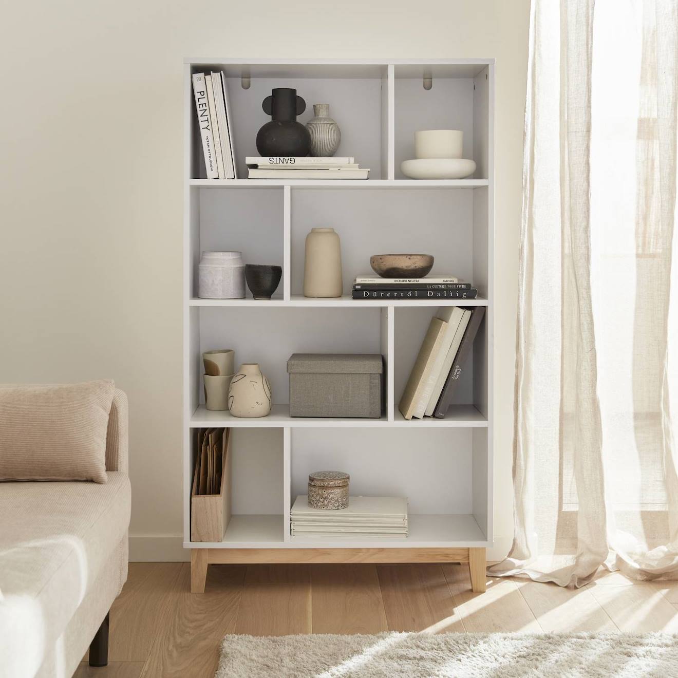 Bibliothèque Scandinave Blanche - Floki - Pieds En Bois De Sapin, 4 Étagères, 8 Compartiments, 80x30x138cm Blanc