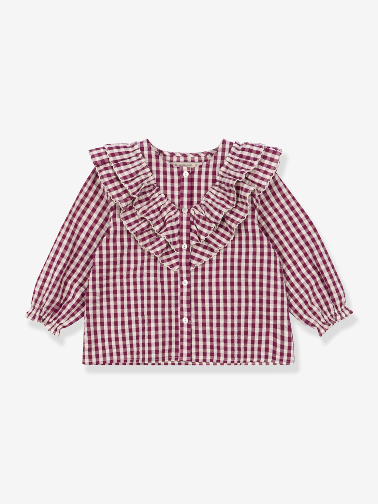Blouse à volants fille motifs carreaux rouge