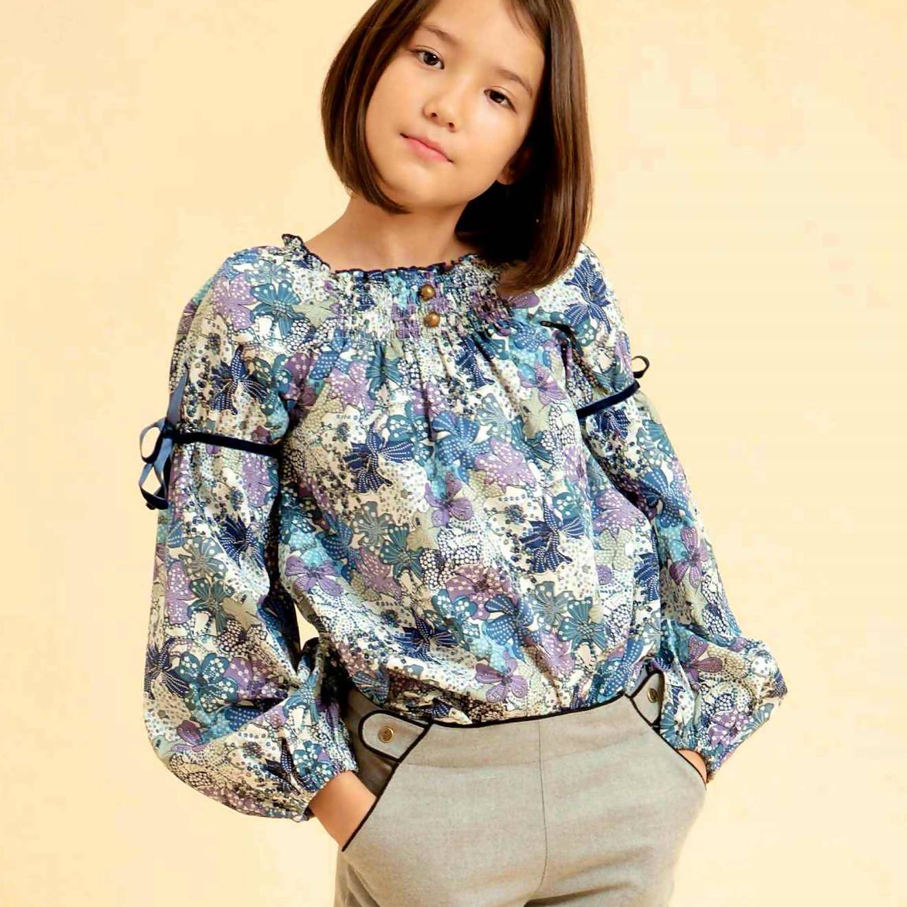 Blouse Intersaison Fleurie Liberty Col Smocks Chimene Bleu Lilas