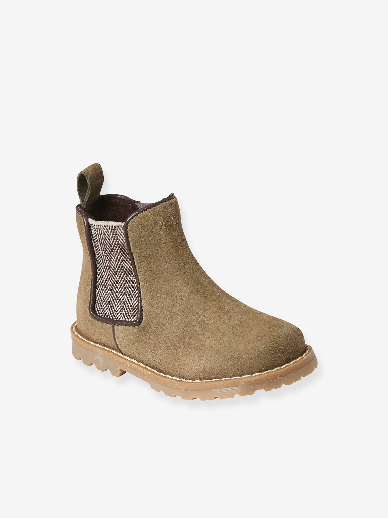 Boots en cuir zippées et élastiquées bébé kaki