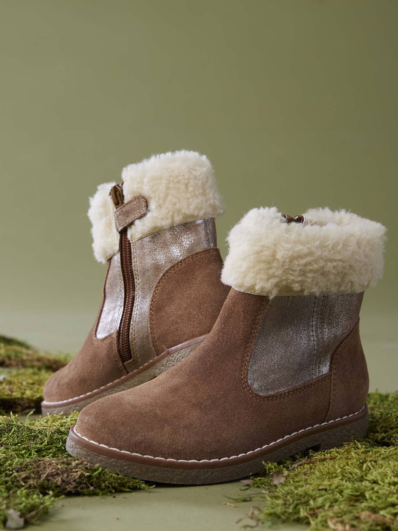 Boots enfant fille cuir fourrées et zippées camel