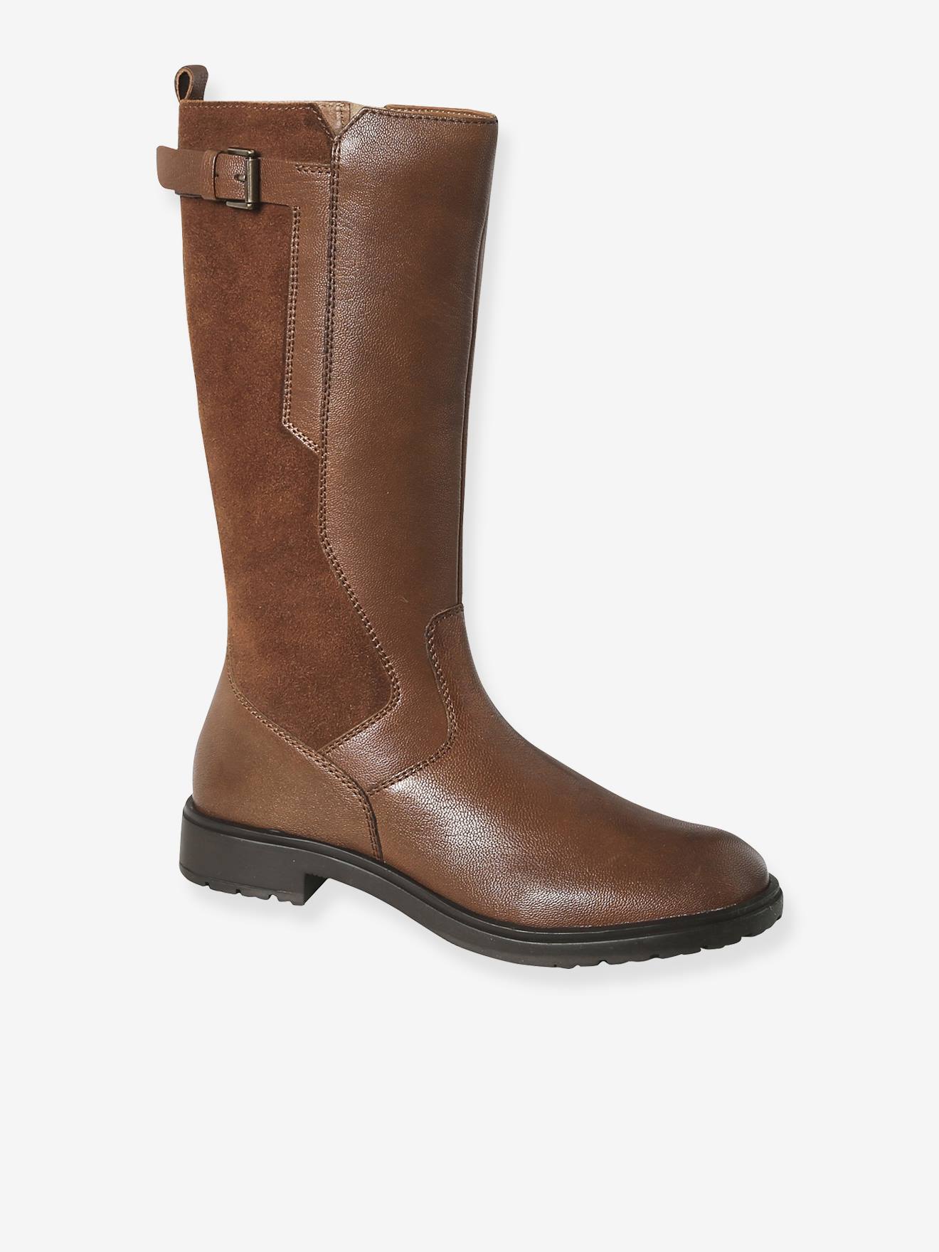 Bottes cavalières enfant fille cuir zippées marron