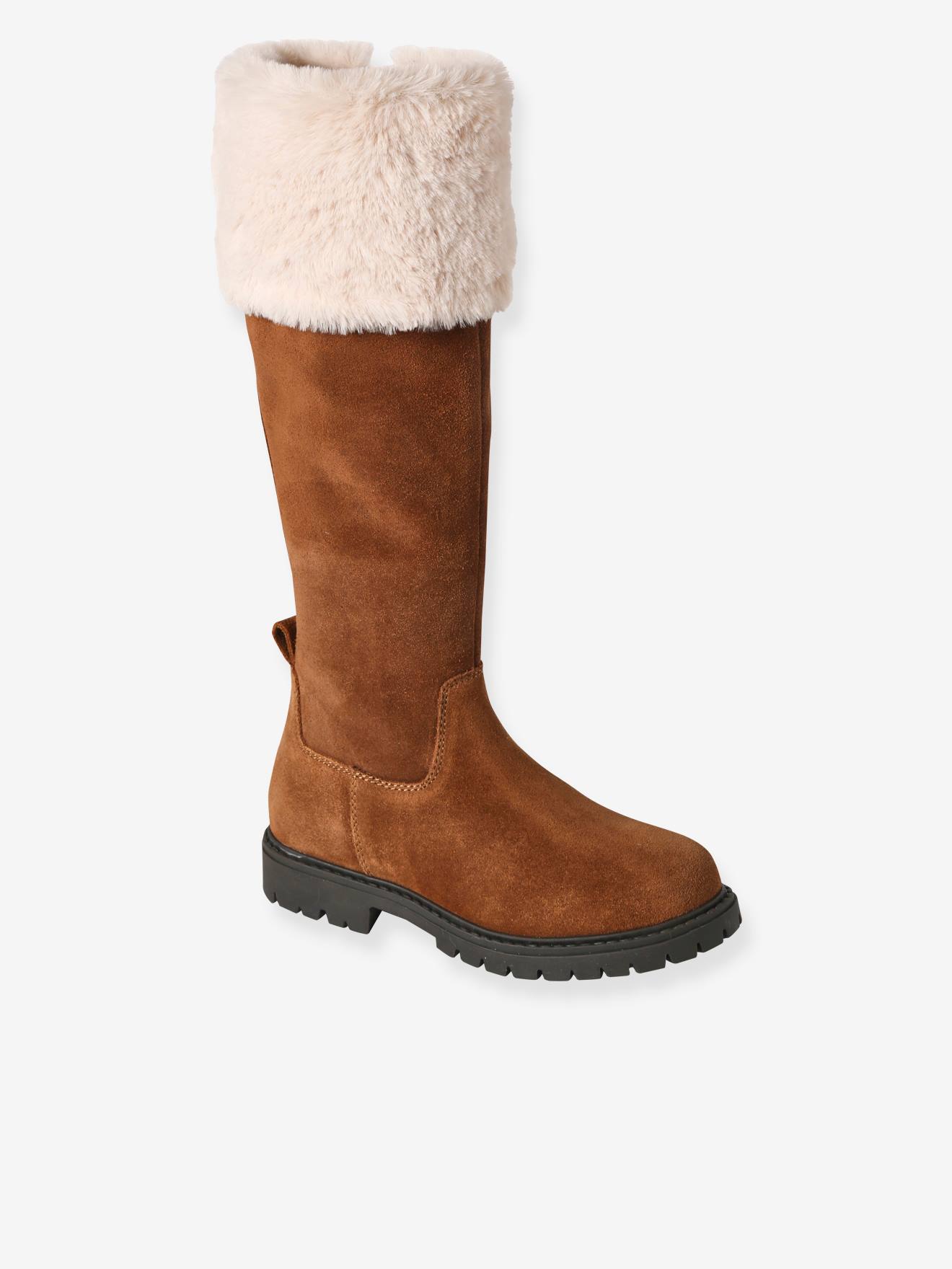 Bottes cavalières fourrées zippées cuir fille marron
