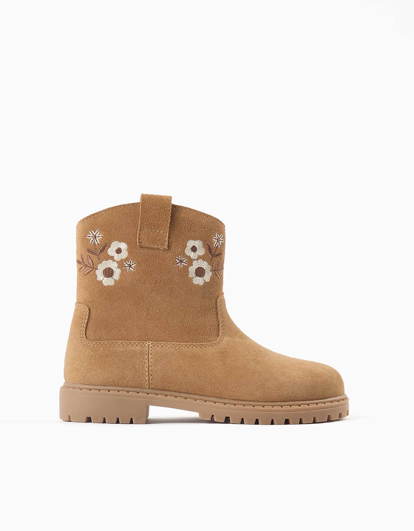 Bottines En Suéde Avec Fleurs Brodées Marron
