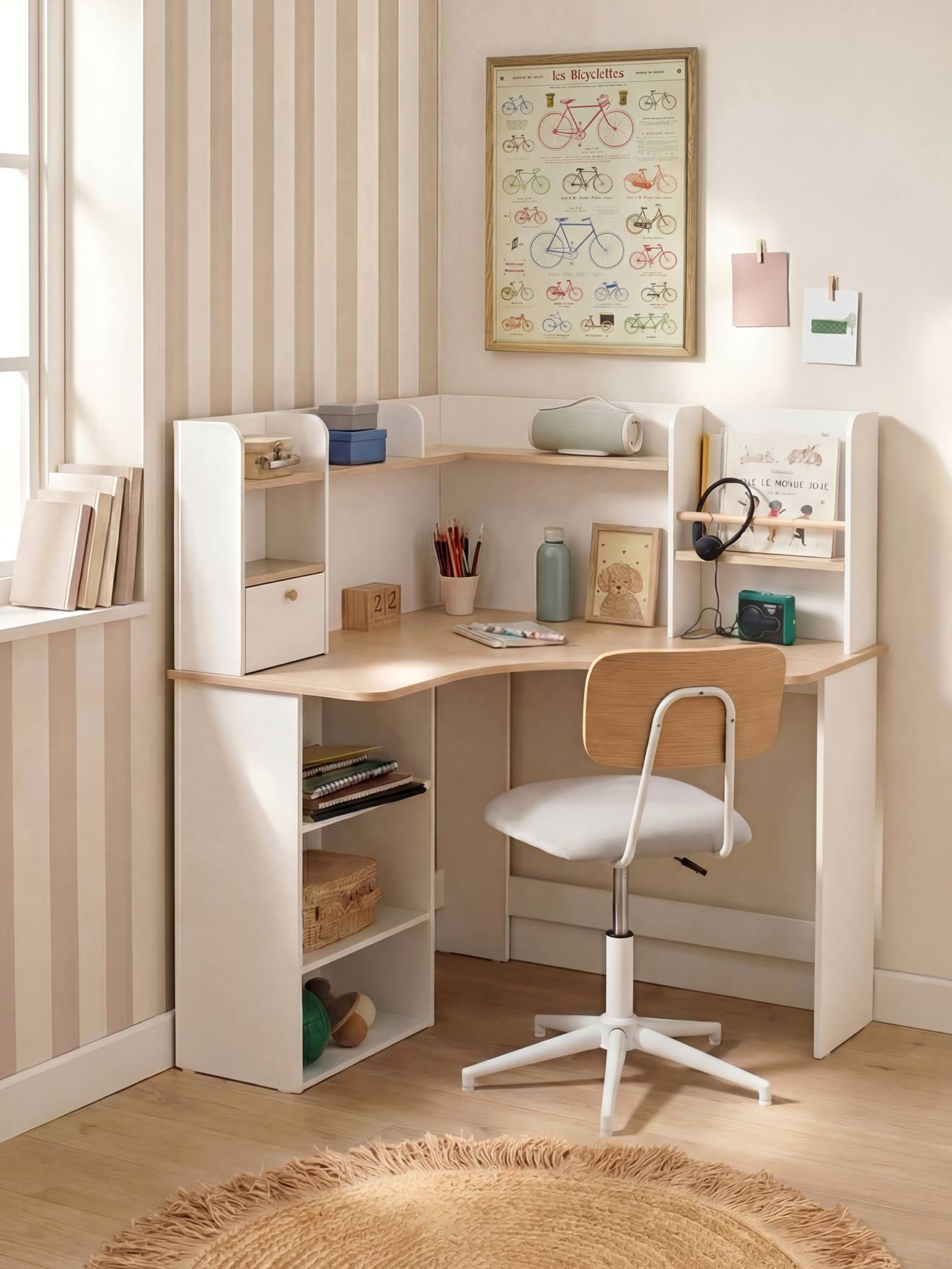 Bureau d'angle enfant avec rangements blanc